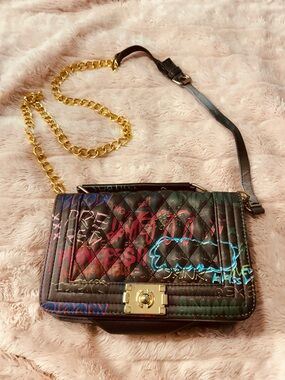 Graffiti Print Crossbody Bag  with Gold Chain